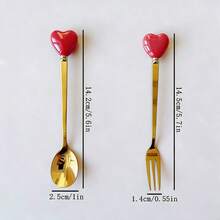 1/2/6/12pcs Ceramic Handle Stainless Steel Cutlery Set, Gold Fork & Spoon, Coffee Spoon, Ice Cream Dessert Spoon, Fruit Salad Fork, Creative Red Heart, Cute Stirring Seasoning Spoon, Party Afternoon Tea Tableware - Multicolor - View 5