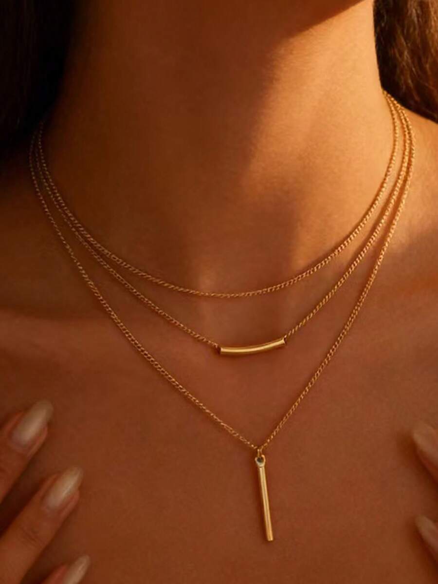 Bộ trang sức 3 món phong cách tối giản gồm dây chuyền mặt dây chuyền hình thanh dài nhiều lớp và bông tai, bộ quà tặng độc đáo và tinh tế. - Vàng - Xem 1