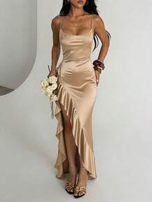 Women Summer Dress, High-End Elegant Sexy Spaghetti Strap Ruffle Hem Slit Dress Party Dress For Women, Suitable For Valentine's Day, Dates, Gatherings, Parties, Travel, Vacation, Beach Wedding Spring - Rượu sâm banh - Xem 1