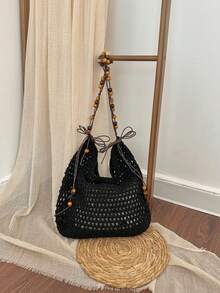 Lazy Style Hollow Straw Bag, Large-Capacity Shoulder Tote Bag, Beaded Woven Vacation Beach Bag - Multicolor - View 3