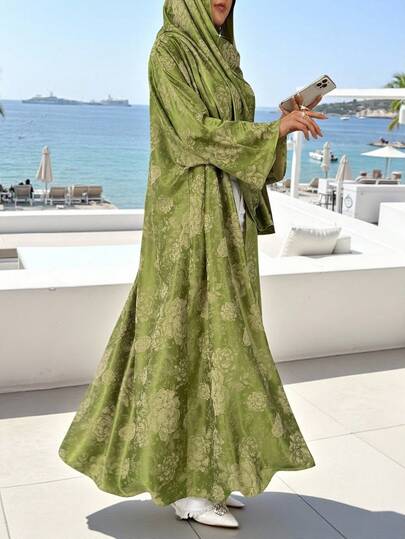 Women's Elegant Jacquard Loose Batwing Sleeve Abaya With Headscarf, Satin Abaya, Luxury Abaya And Robe, Wedding Party Outfit, Elegant Party Cardigan, Wedding Guest Attire, Summer Holiday Wear Vacation Spring