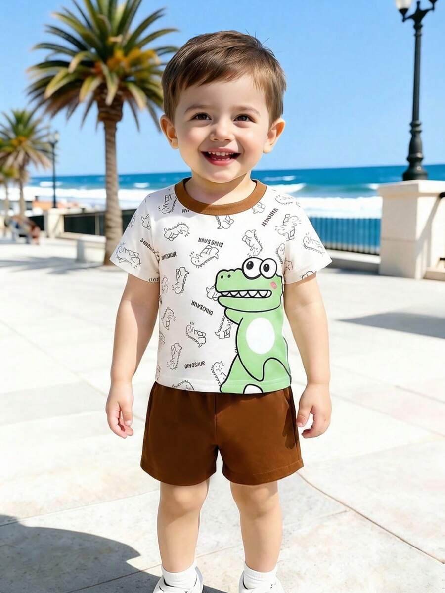 2pcs Baby Boys' Cute Simple Round Neck Short Sleeve Dinosaur Cartoon T-Shirt Top Paired With Solid Color Shorts, Fashionable & Versatile Baby Boy Outfit, Suitable For Spring/Summer Daily, Party, Outing - Multicolor - View 1