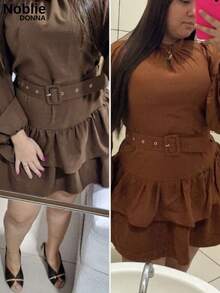 Boho Chic Short Dress With Long Sleeves, Ruffles, And Belt - Elegant Look For São João (Saint John's Day) - 鏽棕色 - 查看 6