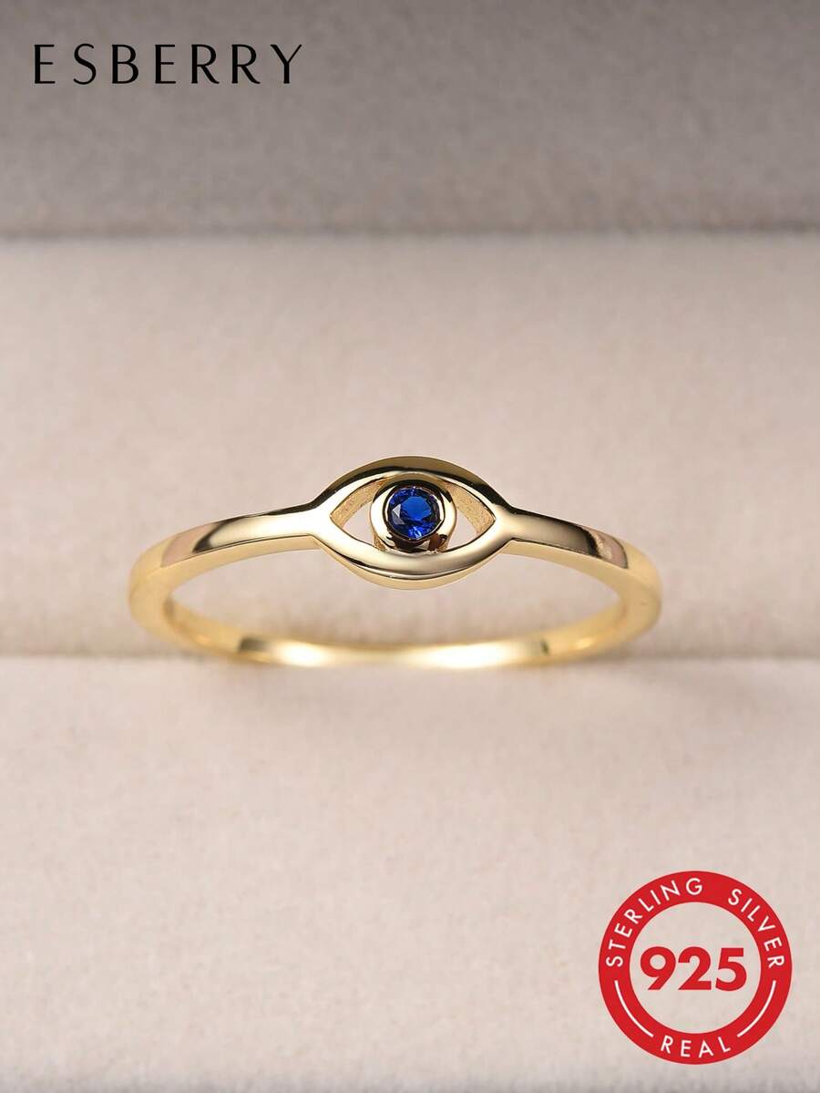 ESBERRY 1 pieza Anillo único de ojo azul del mal, joyería chapada en oro de plata de ley 925, regalo elegante de uso diario para mujeres - Dorado - Ver 1