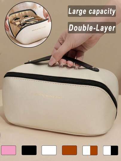 1 stuk draagbare make-uptas, dubbellaagse cosmetische opbergtas, waterdichte make-upkwastenhouder, reismake-uptasje, toilettas, multifunctionele cosmetische organizer, PU-leren bagage-organizer, reistas met grote capaciteit, opbergtas voor op vakantie, make-uptas voor de slaapkamer, cosmetische opberg- en organizertas, dameshandtas, geschikt voor lippenstift, sieraden, douchegel, parfum, cosmetica, toiletartikelen, elektronica, horloges, bruiloftsdecoratie, bruidsmeisjescadeau, kerstcadeau