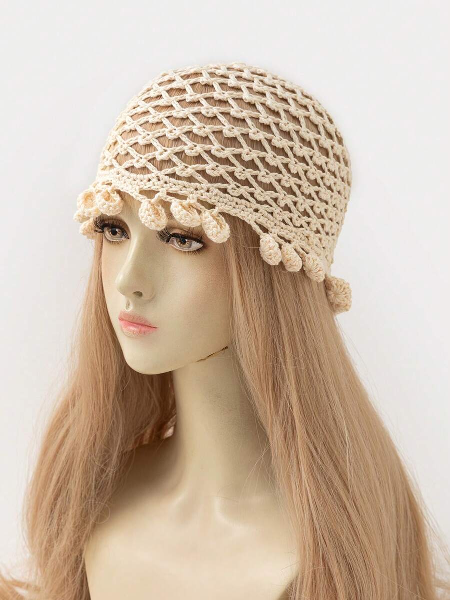 1 pieza Sombrero de mujer de diseño hueco ligero y de moda, hecho a mano a ganchillo, adecuado para primavera, verano, otoño, estilo bohemio para uso diario - A - Ver 1
