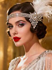 Vintage Feather Headband, 1920s Faux Pearl Crystal Tassel Hair Accessory, Retro Style Hair Decoration Suitable For Party, Ball And Wedding, Headpiece For Valentine's Day Valentine's Day Accessories Gift, Bride To Be, Bridesmaid Gifts - 銀級 2 - 查看 6