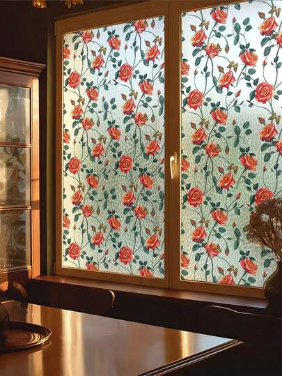 17.7" X 78.7" Rose Pattern Laser Window Film, Rainbow Effect Privacy Film For Glass, Aesthetic Static Cling Decorative Sticker For Bedroom And Bathroom