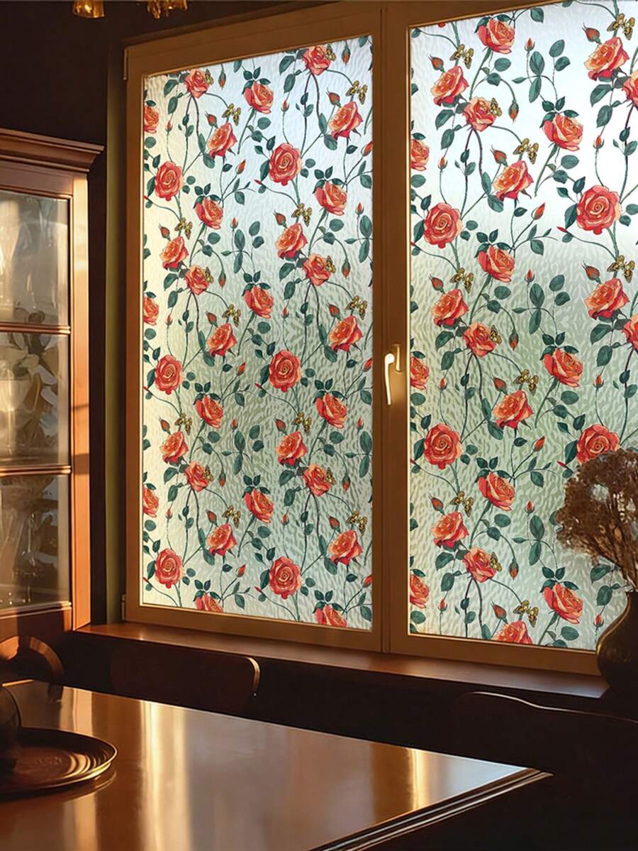 Fancy Rose Pattern Laser Window Sticker, Rainbow Effect Privacy Film For Glass, Aesthetic Static Cling Decorative Decal For Bedroom & Bathroom, 17.7" X 78.7" Window Privacy, Bedroom Window Decor, No Glue Window Decal, Removable Window Sticker, Aesthetic Home Decor, Glass Door Film, Rose Floral Pattern, Light Blocking Window Film, Decorative Glass Sticker, Home Window Decoration - 1PC - View 1