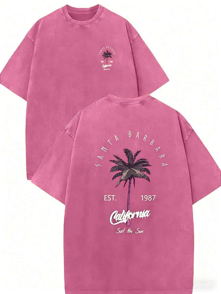 100% Cotton Double-Sided Santa Barbara Palm Tree Print Tee Unisex, Washed Short Sleeve Top, Y2K Streetwear Gift For Boyfriend Husband Daily Outfit - 玫紅色 - 查看 1