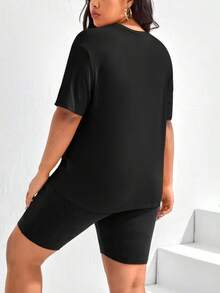 Women'S Plus Size Heart Print Two-Piece Set, Crew Neck Short Sleeve Top & Shorts Outfits - Comfortab - Black - View 5