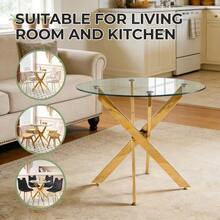 Dining Table With Cross Metal Leg And Tempered Glass, Modern Space-Saving Kitchen Table For Living Room, Chrome Legs, Round Table, Golden Legs, 80x80x75cm - Gold - View 5