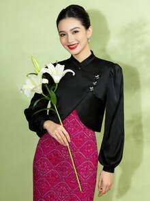 1pc Women's Elegant Asymmetric/Asymmetrical Long Sleeve Blouse, Solid Black Color, Spring/Summer - Black - View 4