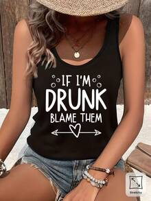 Summer Wear Women's Casual Round Neck Sleeveless Tank Top With "IF I'M DRUNK BLAME THEM" Heart Pattern Print, Soft And Spandex Blend, Stretchy Round Neck Top,, Perfect For Spring And Summer, Lightweight Summer Sleeveless Tank Top. Best Quality - 黑色 - 查看 3