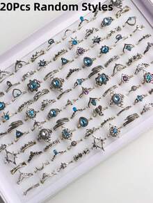 20pcs/Set Vintage Elegant Bohemian Style Artificial Stone Rings, Casual Party Gift, Everyday Jewelry Accessories For Men & Women - 20 Blue Glass Pinky Rings - View 8
