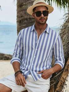 Camisa casual de manga larga con patrón de rayas para playa y vacaciones - Azul - Ver 2