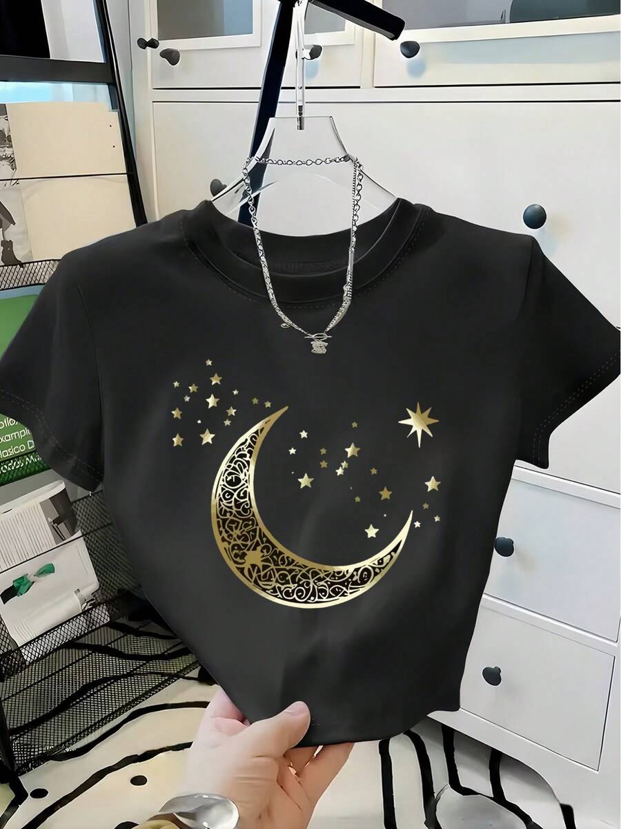 Summer Clothes[New Products Arrive With Great Power] Ultra-Short Moon Print Women's Casual Fashion Round Neck Short Sleeve T-Shirt, Stylish Swear For S Unisex T-Shirts For Summer Outingskids - màu đen - Xem 1