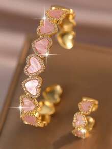 2pcs/1set Fantasy Series Heart Cute Bracelet & Ring Set, Creative Zirconia Women's Bracelet, Daily Commute, Mother's Day, Graduation, Copper Jewelry Ring - Pink - View 1