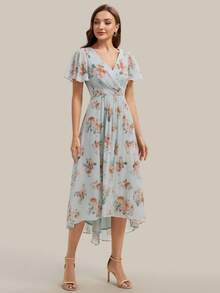 EVERPRETTY Vintage Chiffon Ruffle Asymmetric/Asymmetrical Bridesmaid Dress, Suitable For Wedding, Party, Graduation, Anniversary, Birthday, Cocktail, Date, Holiday, Formal Dinner, Wedding Guest, Homecoming, Travel, All Seasons - Blue - View 9