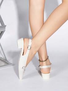 Women's French Style Pointed Toe Backless Lacquer Leather Sandals, Solid Color Versatile Commuter-Friendly High Heel Sandals, Chunky Heel Soft Bottom Outdoor Business Elegant Chunky Heel Soft Bottom Comfortable For Long Wear, Home/Office Atmosphere Enhancing Leg-Lengthening High Heel Pumps - White - View 2