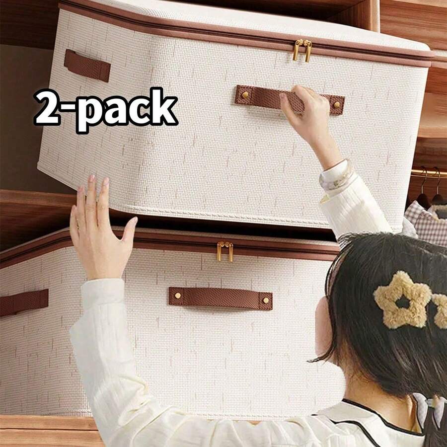 [Bộ 2 chiếc] Tiết kiệm tiền với hộp đựng đồ bằng vải lanh Tianshan có khóa kéo hai cửa sổ dành cho chăn ga gối đệm và đồ dùng gia đình, hộp đựng đồ bằng vải dung tích lớn, có thể gấp gọn để tiết kiệm không gian, chống bụi, chống ẩm, chắc chắn và bền bỉ, hộp đựng đồ gọn gàng và đẹp mắt cho tủ quần áo. - Màu be - Xem 1