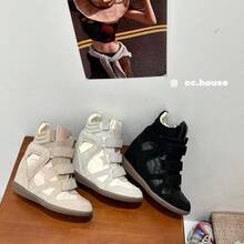 New 2026 Model Women's Shoes With 7cm Internal Height Increase, High-Top, Color-Blocked, Round-Toe, Flat-Soled Casual Shoes, Versatile Style, Women's Sneakers With Velcro Closure - 黑色 - 查看 6