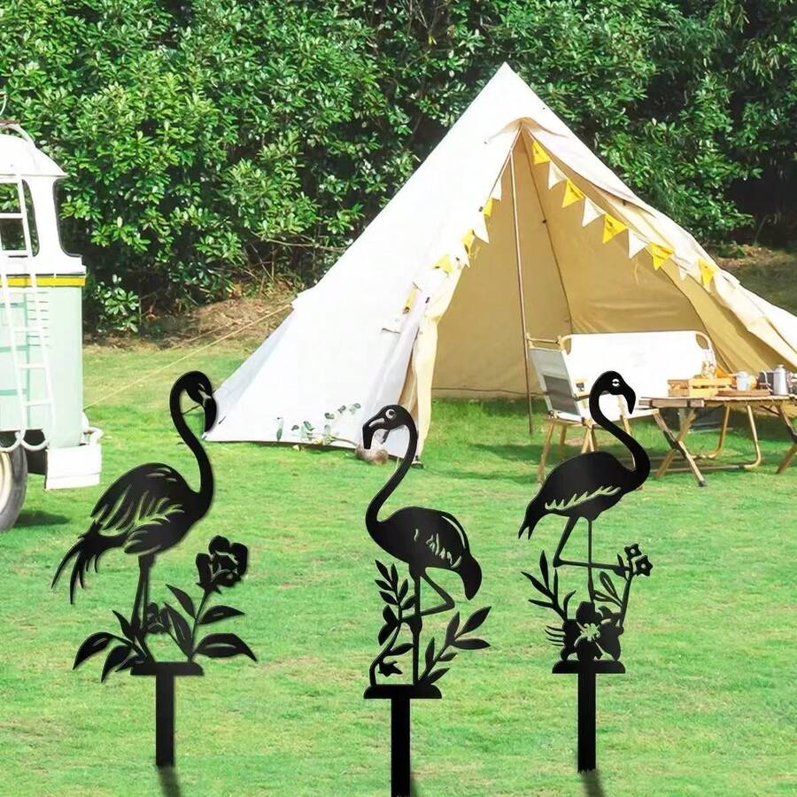 Țăruș de grădină metalic cu flamingo, placă decorativă pentru curte exterioară, ornament de grădinărit cu artă din fier - A - Vizualizare 1