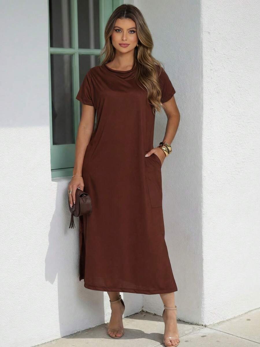 Comfortable Women's Midi Dress With Practical Pocket And Side Slit - Casual And Elegant - 深棕色 - 查看 1