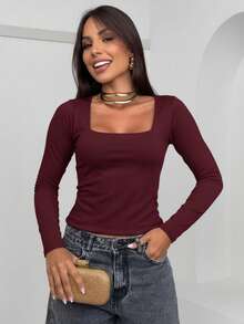 Set Of 3 Women's Second Skin Baby Look Blouses, Long Sleeve, Square Neck, Basic Shaping, Soft Supplex Fabric, Lined, Elastic, Premium Casual Fashion, Versatile, - 黑酒紅米色 - 查看 2