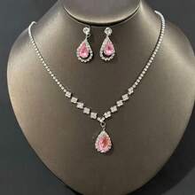 Bộ trang sức cưới đính đá Cubic Zirconia lấp lánh, gồm bông tai và dây chuyền, bộ trang sức đính đá. - Hồng - Xem 4