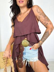 Bata Túnica Babado Alongada Alcinha Boho Chic - Marrom - Visão 5