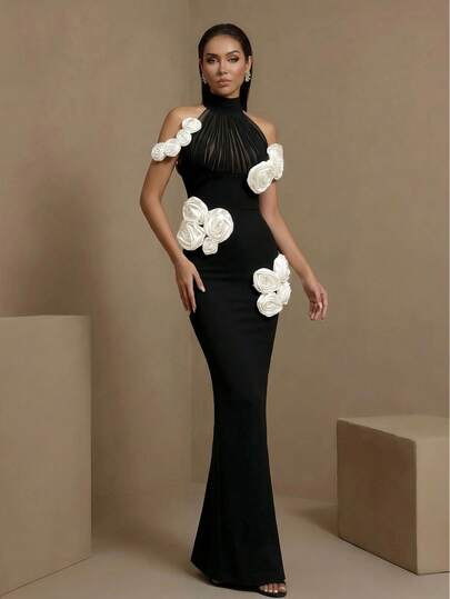 女士优雅露背花卉装饰收腰正式连衣裙