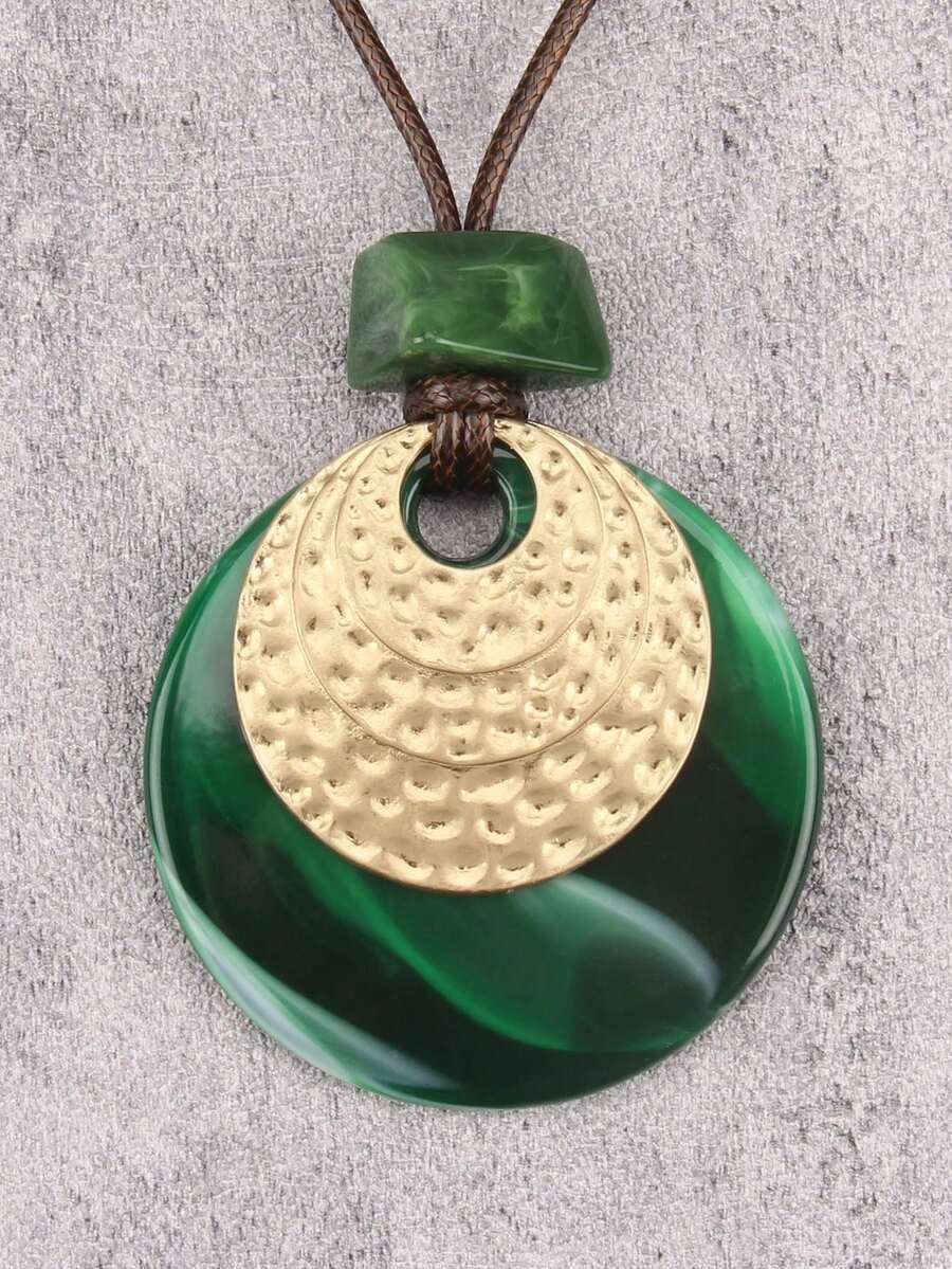 1 pieza Collar colgante redondo de resina estilo bohemio con disco dorado, cadena de cuerda con cuentas, joyería versátil para fiesta, playa, viaje, unisex para parejas - cuerda de cera - Ver 1