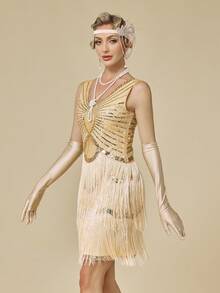 女士20世纪20年代复古连衣裙，盖茨比风格V领晚礼服，亮片串珠流苏婚纱 - 杏色 - 查看 5