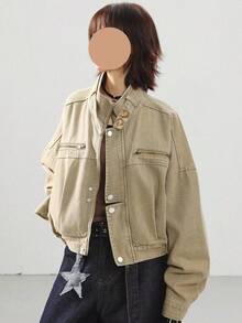 New Spring/Autumn Collection: Retro Workwear-Style Biker Jacket - Unisex, Loose-Fit, Slimming, Cropped Outerwear - 卡其色 - 查看 5