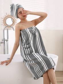 1 Bộ áo choàng tắm nữ kẻ sọc mềm mại và thấm hút tốt + mũ tắm, khăn tắm và áo choàng đa năng tiện dụng. - Xám - Xem 7