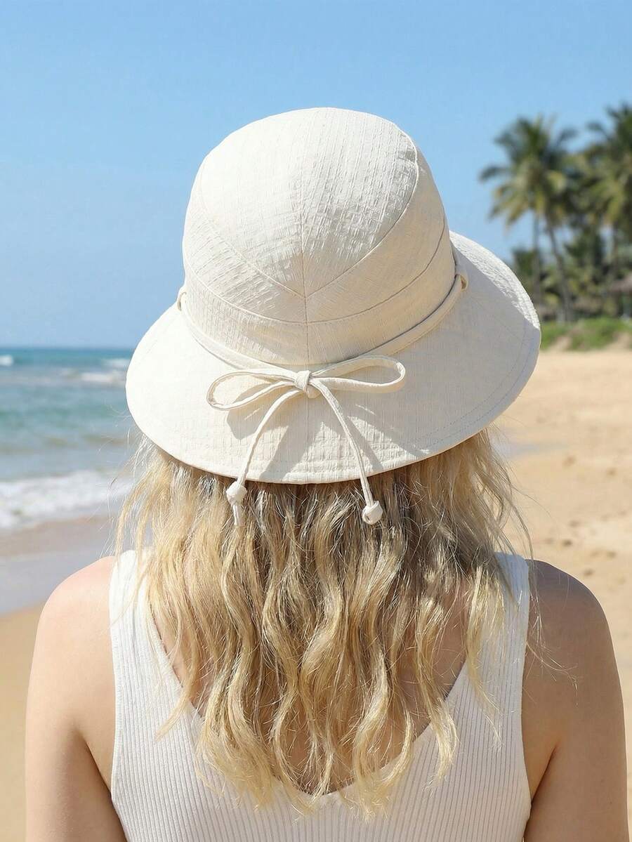 1pc Women's Outdoor Sun Hat, Fashion Versatile Bow Decor Wide Brim Bucket Hat, Flattering - Multicolor - View 1