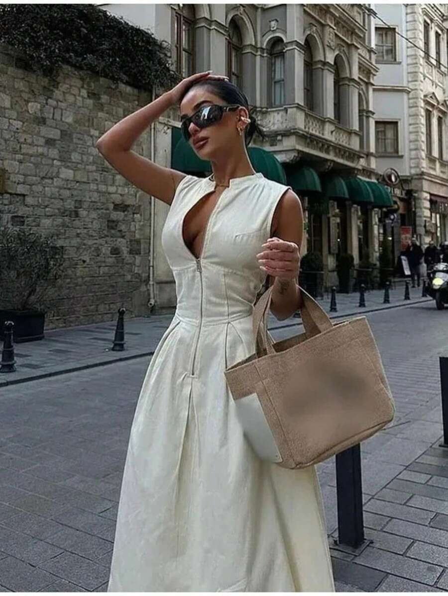 Vestido largo mujer 2026, estilo europeo-americano, cintura alta, color liso, sin mangas, cremallera, corte ajustado, para oficina - Blanco - Ver 1