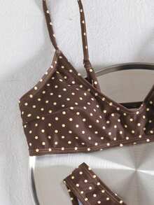 wohenmeili 女士夏季沙滩波点休闲比基尼三角裤泳装套装度假 - 棕底黃點 - 查看 6