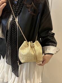 夏季海滩度假草编水桶包，金属链条肩带编织斜挎腋下包，时尚新款单肩手提包，适合工作通勤，简约时尚抽绳单肩包 - 卡其色 - 查看 8