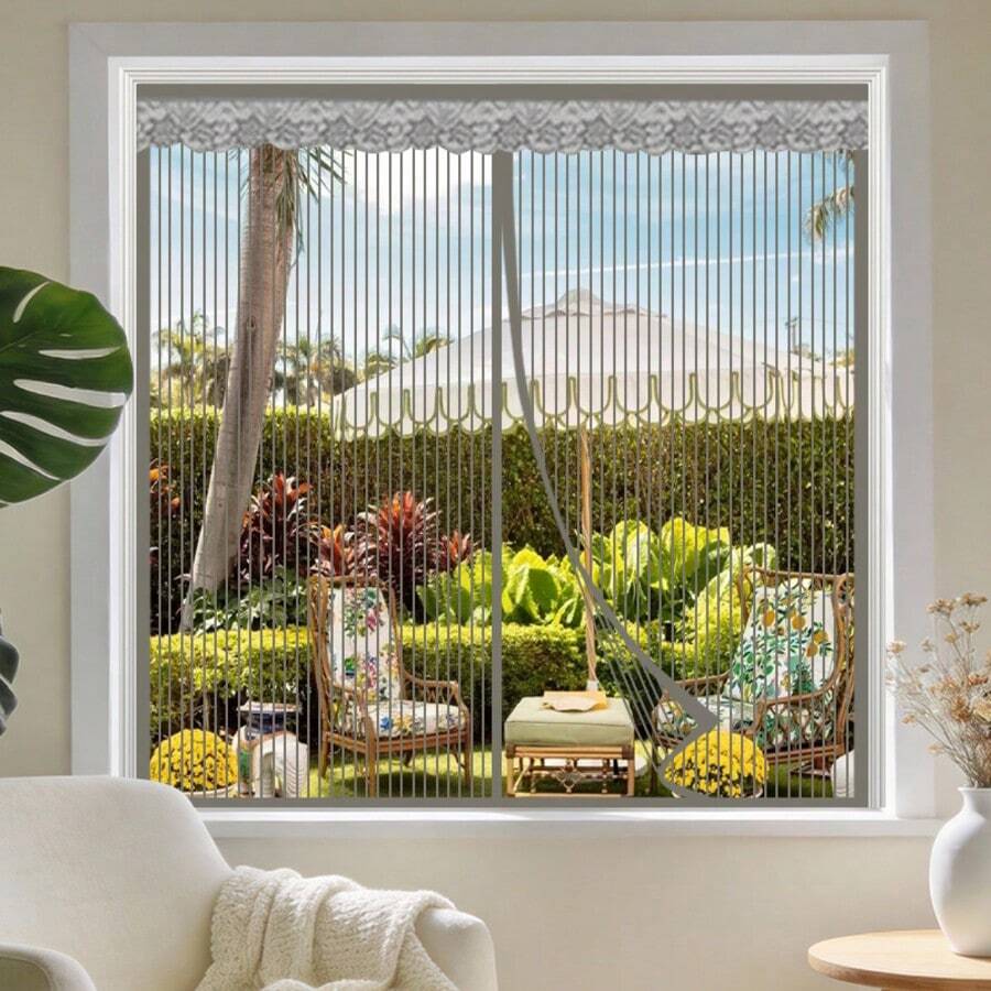 1pc Grey Magnetic Fiberglass Insect Screen Curtain, Invisible Mesh Window Screen, Summer Grey Striped Fiberglass Anti-Mosquito Breathable Curtain, Magnetic Mesh Window Curtain, Magnetic Mesh Screen Curtain For Home Use - Diamond Gray - View 1