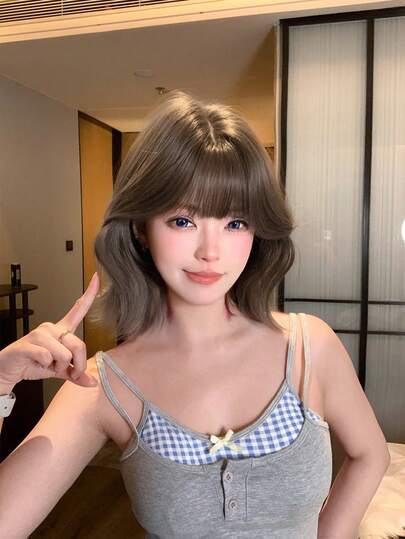 alicegarden 12-Inch Long Synthetic Wig Featuring A Natural Curly Hair Look A Stunning Chocolate-Brown. Designed With Bangs , It Is Crafted From Heat-Resistant Fiber To Ensure Durability. This False Hairpiece Is Perfect For Daily Use, Offering A Natural And Realistic Appearance That Mimics It Is Also A Gift For Women.