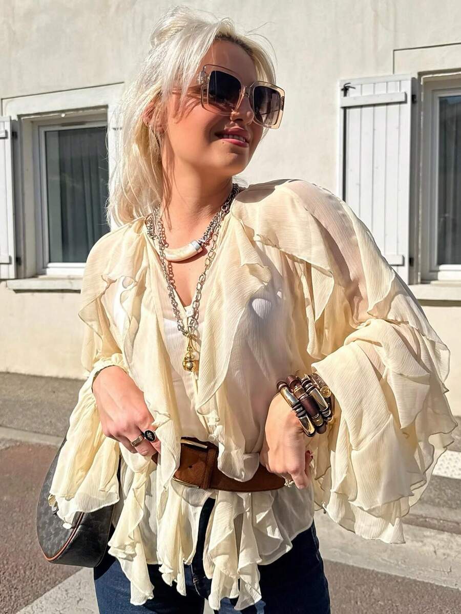 GMFP 女款夏秋休閒優雅時尚寬鬆米色荷葉邊襯衫,適合六月節、度假季、日、世界盃 - 米色 - 查看 1