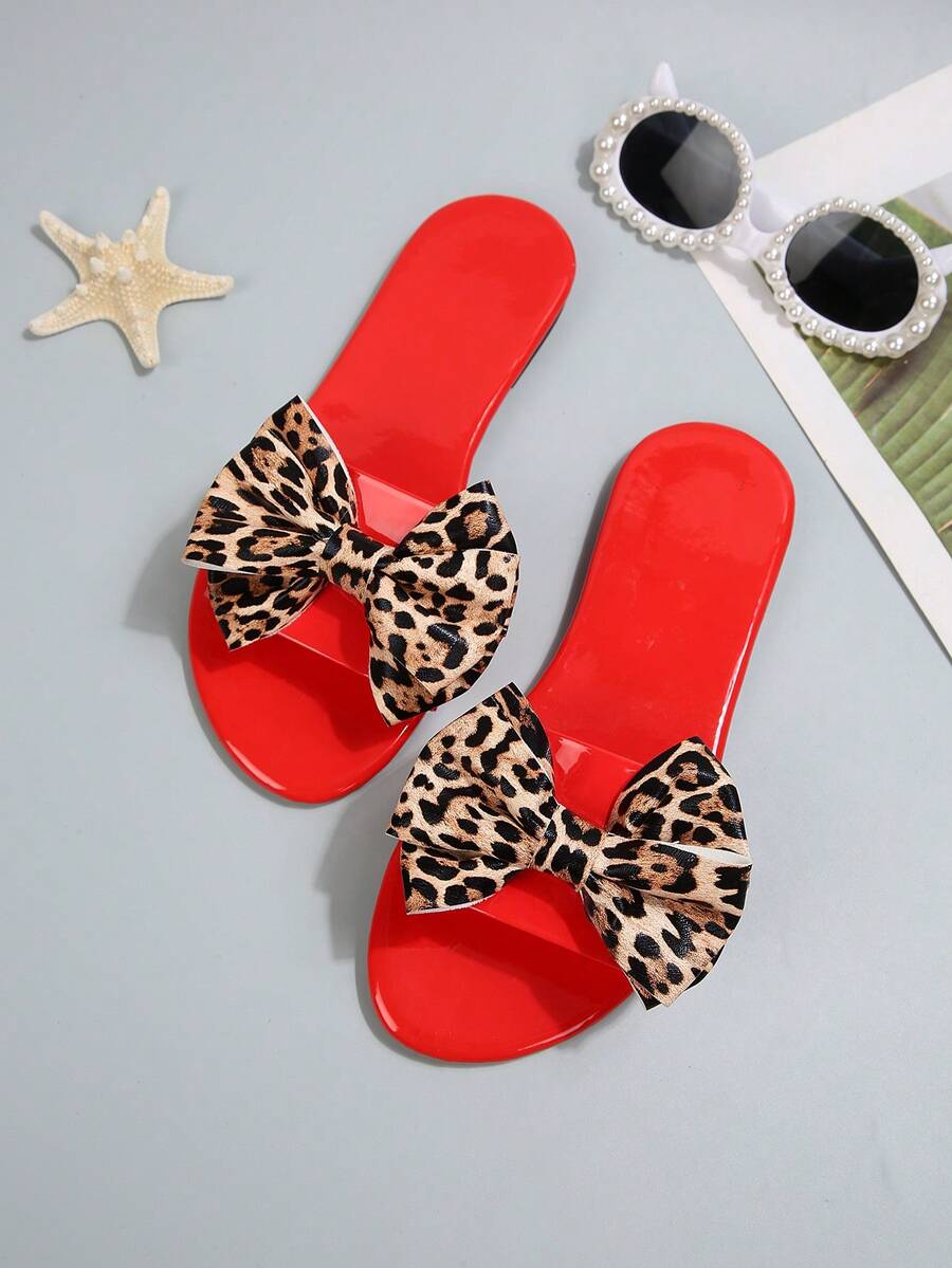 Women's Leopard Print Slip-On Comfortable Casual Fashion Red Flat Sandals, Lightweight Slippers For Summer
