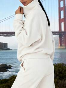 Women's Solid Color Half-Zip Stand Collar Sweatshirt - Oversized Loose Fit, Long Sleeve, Soft Lightweight Fabric | Casual Outdoor Activewear, Versatile Loungewear For Teens & Adults | Simple Fashion Sporty Pullover (Spring & Summer Style)    Summer      2 Piece Sets Woman  (Local Warehouse Discounts.) | Two Piece Set Women | 2 Piece Sets Woman | Workout Sets Women | Women Two Piece Sets | Sets 2 Piece Women | Conjunto De Dos Piezas Mujer - 白色 - 查看 5