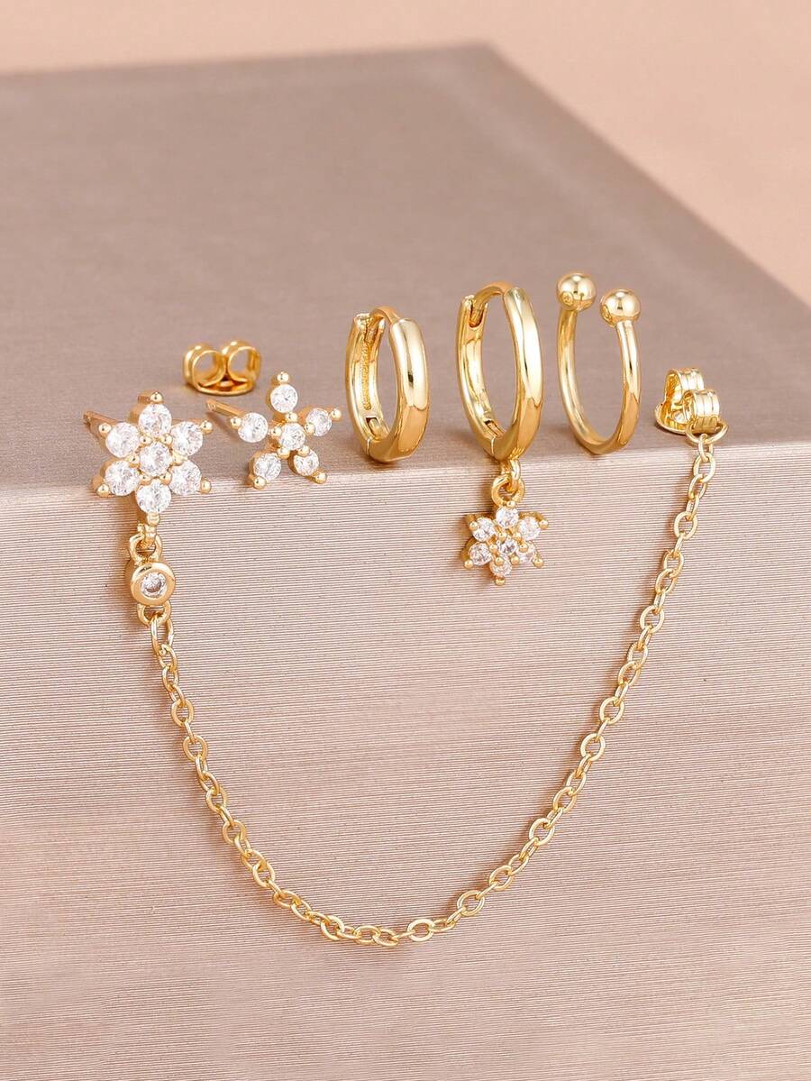 5PCS Flower Dangle Hoop Stud Ear Clip Earring For Set Women Zirconia 18K Gold Plated Earring Women Vacation Party Jewelry - 1-gold-5PCS - View 1