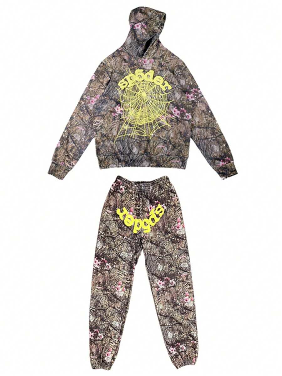 Camo Tracksuit Set - Realtree Tree Camouflage Hoodie And Jogger Pants, 3D Spider Web Logo Streetwear, Hip Hop Casual Sportswear For Men And Women - 棕色 - 查看 1