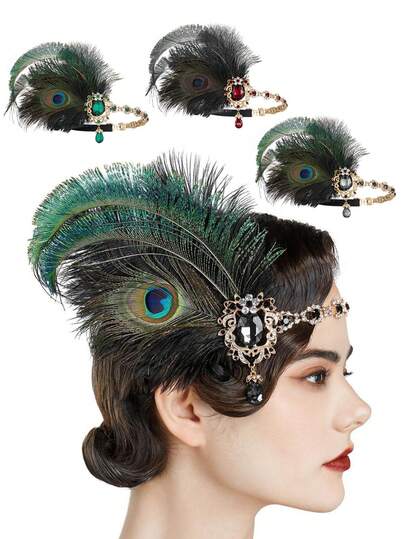 1 chiếc phụ kiện đội đầu kiểu thập niên 20 của Forever & Moment dành cho nữ, đính lông vũ giả và đá quý - Phụ kiện dự tiệc phong cách thập niên 20 cho đám cưới, dạ hội, tiệc theo chủ đề, quà tặng Ngày của Mẹ thanh lịch.