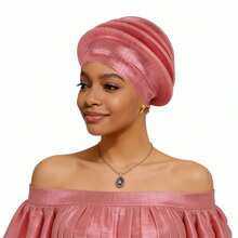 Shimmer African Head Wraps Solid Color Multi-Layer Church Turban For Women Stretch Hat - Pink - View 5