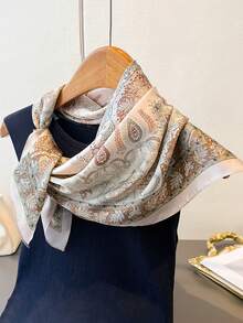 1条优雅复古佩斯利印花仿丝缎围巾，经典波西米亚风格头巾，时尚百搭领巾，适合日常佩戴 - 駝色 - 查看 2